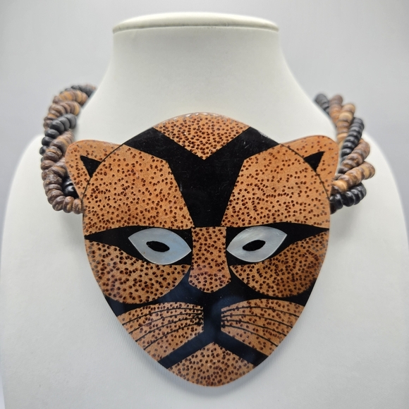 Cheetah Pendant Necklace Inlay Beaded  Coconut Mother Of Pearl Boho Bohemian Vtg - Picture 4 of 4